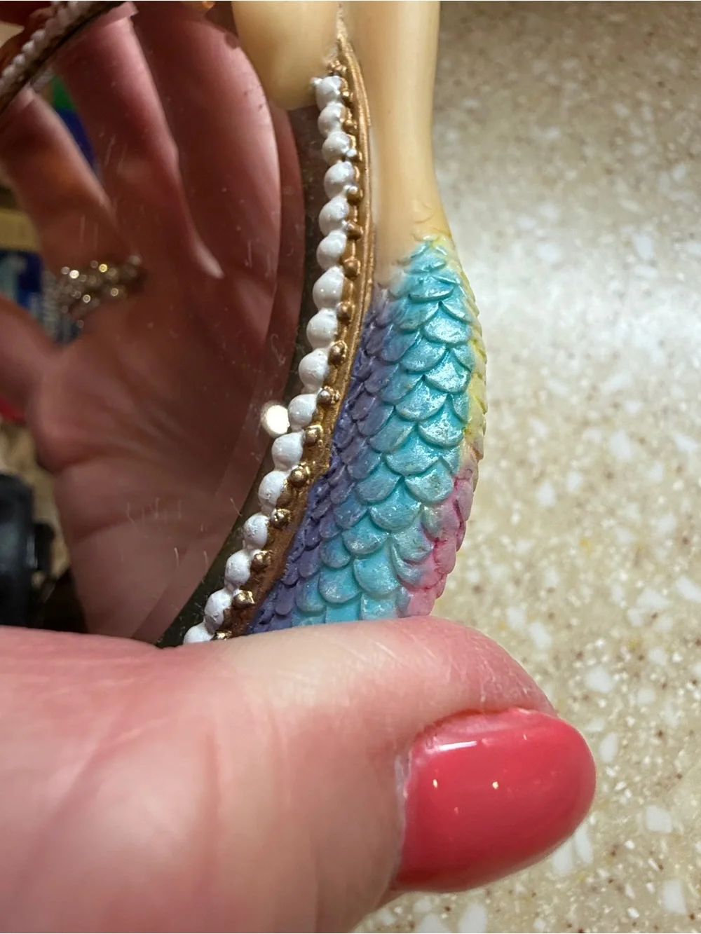Mermaid Scale Hand Mirror with Green Leaf Accents